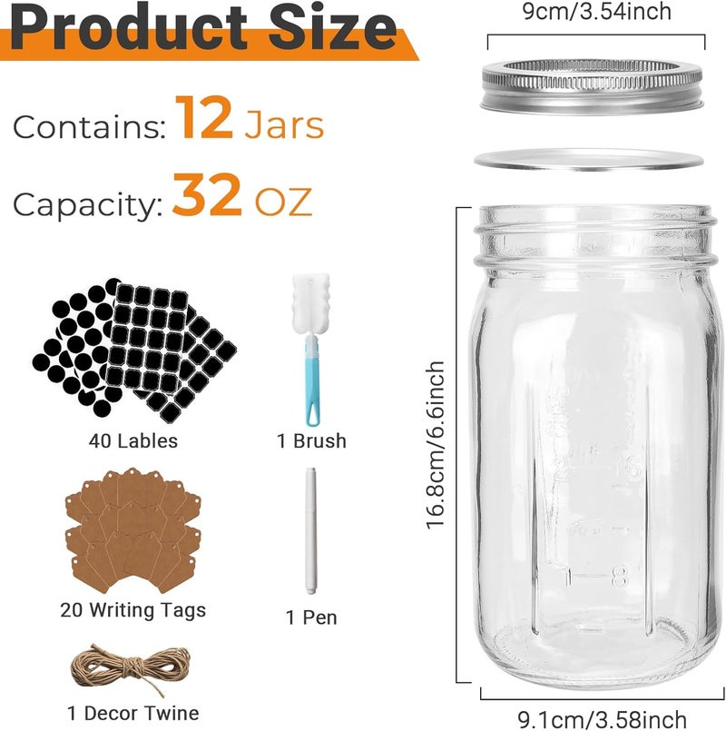 CycleMore Wide Mouth Mason Jars 32 oz, 12 Pack Large Glass Mason Jar with Metal Airtight Lids and Bands, 1 Quart Canning Jars for Pickling, Fermenting, Food Storage & DIY Projects - Image 2